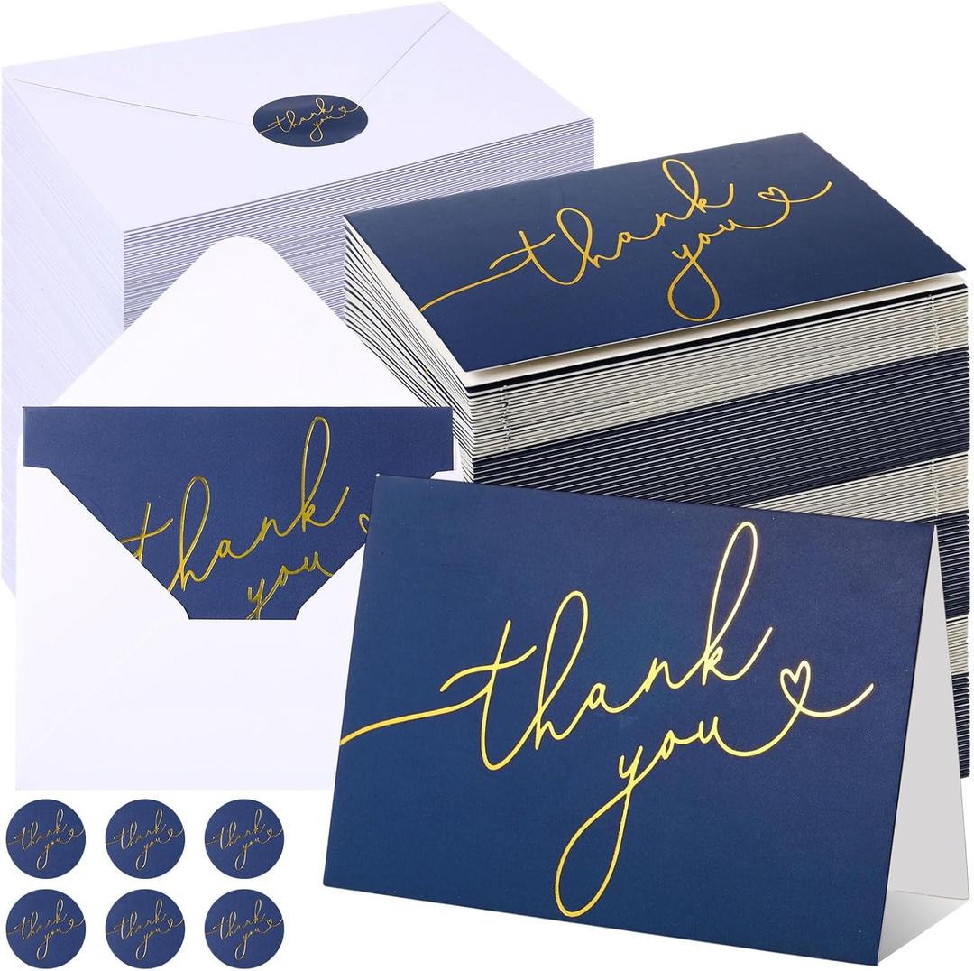 Gueevin 200 Pcs Thank You Cards with Envelopes & Foiled Stickers Bulk 3. 5 x 5 Inch Greeting Cards Foiled Thank You Notes for Wedding, Bridal Shower, Business, Graduation and More (Navy Blue)