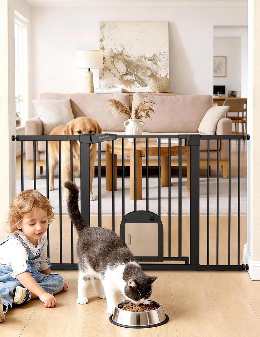 Babelio Baby Gate with Cat Door, CatPrivilege , Extra Wide 29-55" Cat Gate, 30" Tall Pressure Mounted Safety Gate for Large Openings, Stairs & Doorways, Auto Close, Black