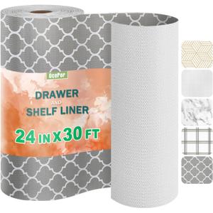 OcePor Non-Adhesive Drawer and Shelf Liner 24IN x 30FTNon Slip Cabinet and Cupboard Liner, Kitchen Cabinet Liners for Shelves, Waterproof Drawer Shelf Liners for Cabinets/Bathroom Cupboard (Gray Quatrefoil)