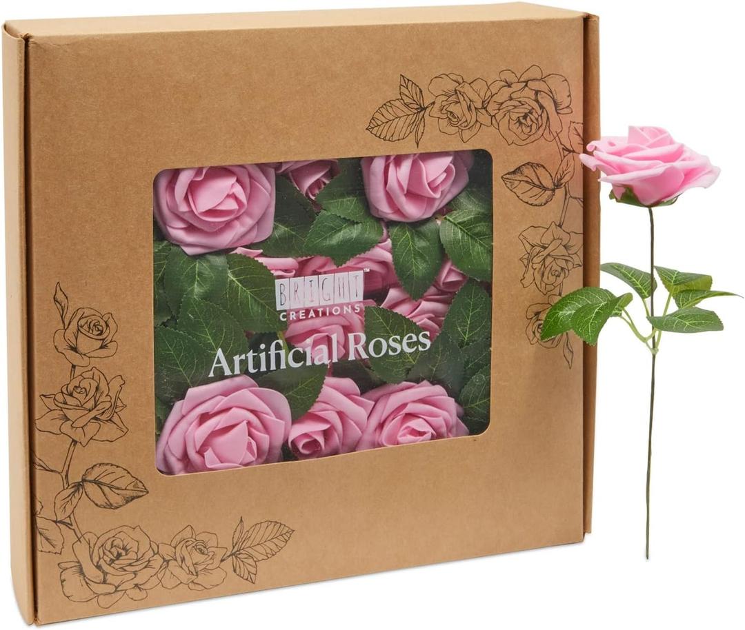 Bright Creations 136-Piece Artificial Flowers Crafting Kit with 60 3-Inch Foam Roses, 60 Stems, and 16 Plastic Leaf Bundles for Table Centerpieces, Faux Floral Arrangements, and Fake Bouquets (Pink)
