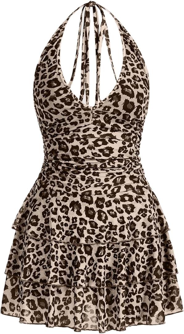 Women's Y2K Leopard Print Halter Dress Sexy Ruched Tie Backless Tiered Layer Mini Dresses Cheetah Mesh Ruffle Dress (Apricot and Brown) XL