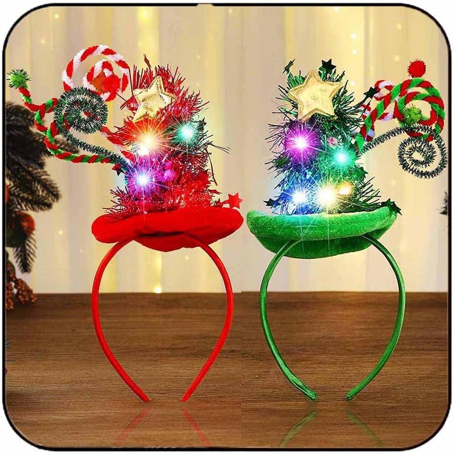 Yean Christmas Tree Headband Light Up Christmas Tree Tinsel Glow Hat Holiday Costume Accessories for Women and Girls (Pack of 2)