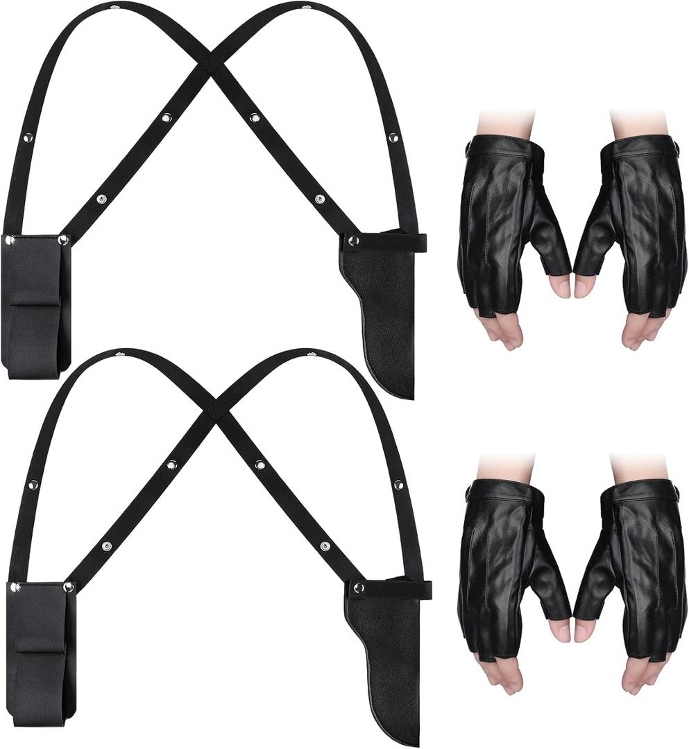 Jiuguva 2 Pieces Adjustable Vertical Leather Gun Shoulder Holster Black Elastic Gun Holster and 2 Pcs Gloves for Women Men Halloween Cosplay