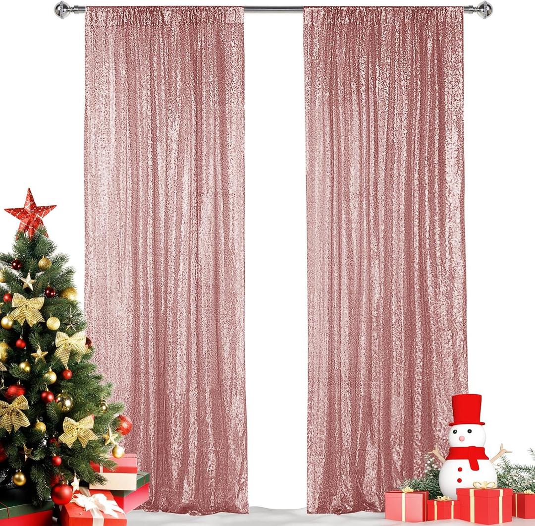 Hahuho Rose Gold Sequin Backdrop Curtain, 2PCS 2FTx8FT Glitter Backdrop Curtain for Parties, Christmas, Wedding, Party Decoration2 Panels, 2FT x 8FT, Rose Gold