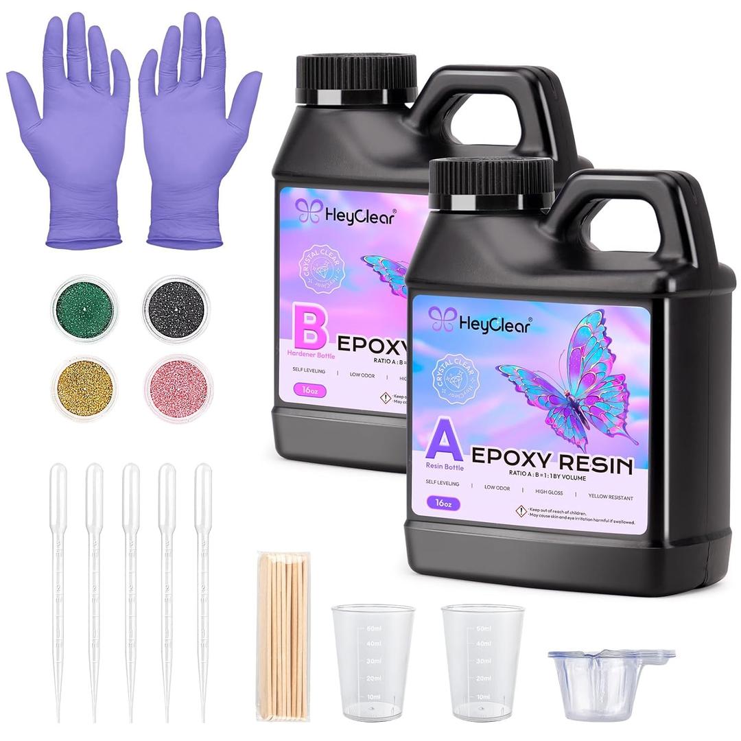 Epoxy Resin Kit 32 oz Crystal Clear, Hard Upgraded 2 Part Epoxy and Hardener for Casting Coating, Jewelry Making, DIY Crafts Art (16oz + 16oz)