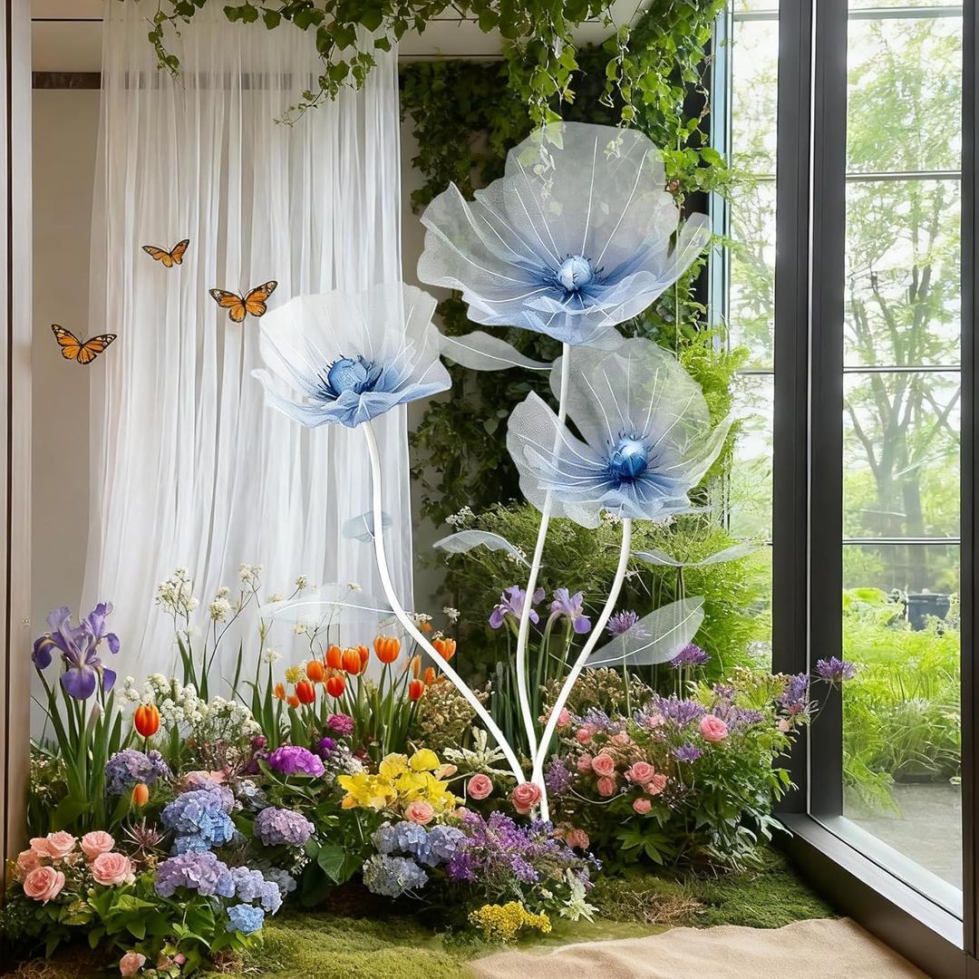 Giant Flowers 3-Piece Set|67-Inch Tall Tulle Poppy Decorations for Wedding Backdrops, Party Arrangements,Mall Store Window Displays (Gradient Blue)