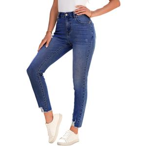 SHEWIN Women's Ripped Shaping Skinny Jeans Distressed Raw Hem Stretchy Denim Pants (6)