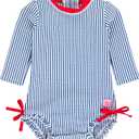 RuffleButts Baby/Toddler Girls Seersucker Long Sleeve One Piece Rash Guard Swimsuit with UPF 50+ Sun Protection (6-12 Months)