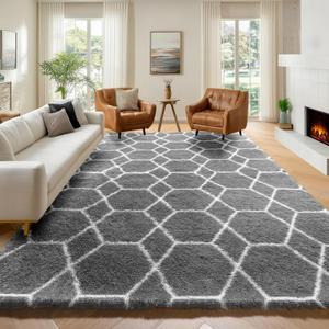 ONASAR 6x9 Area Rugs for Living Room Bedroom, Large Fluffy Grey and White Throw Rug, Geometric Soft Plush Shaggy Floor Carpet for Nursery Kids Girls Boys Teen Dorm Home Decor Aesthetic