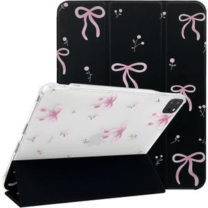 Lovmooful Compatible for iPad Pro 11-Inch,2022/2021/2020/2018 Model(4th/3rd/2nd/1st Generation) Case with Pencil Holder Cute Bowknot Bow with Flower Design Soft TPU Trifold Stand Protective-Black&Pink