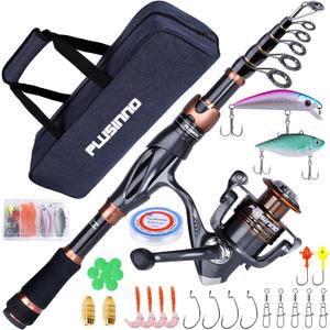 PLUSINNO Fishing Rod and Reel Combos, Bronze Warrior Toray IM6 Carbon Matrix Telescopic Fishing Rod Pole, 12 +1 Shielded Bearings Stainless Steel BB Spinning Reel, Travel Freshwater Fishing Gear, Size: 1.98M / 6.49FT