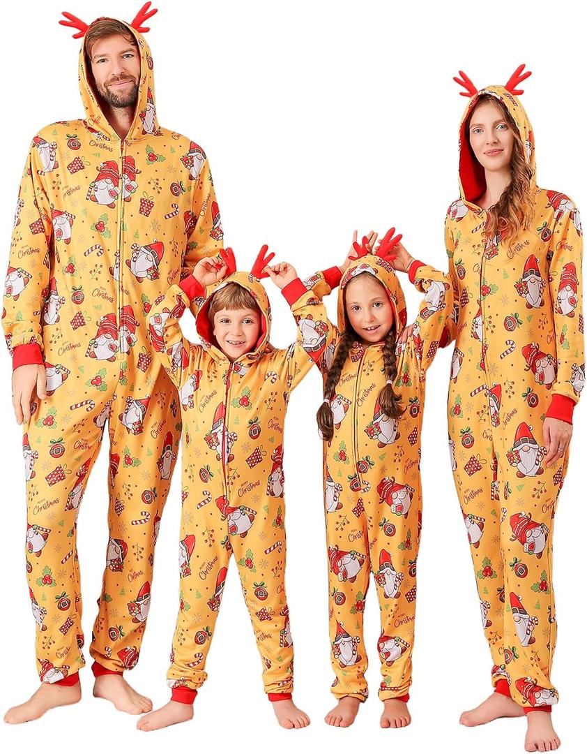 ANGELGGH Family Matching Christmas Onesie Pajamas, Vacation Cute Printed One Piece Pajamas, Xmas Hooded Holiday Sleepwear (Youth, 6-8T, Yellow Gnome) (Yellow)