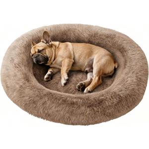 Medium Sized Orthopedic Dog Beds, Donut Calming Pet Beds with Comfort Foam Support, Fluffy Non-Slip Couch for Dog and Cat, with Washable and Indestructible Cover, 32 Inches, Beige