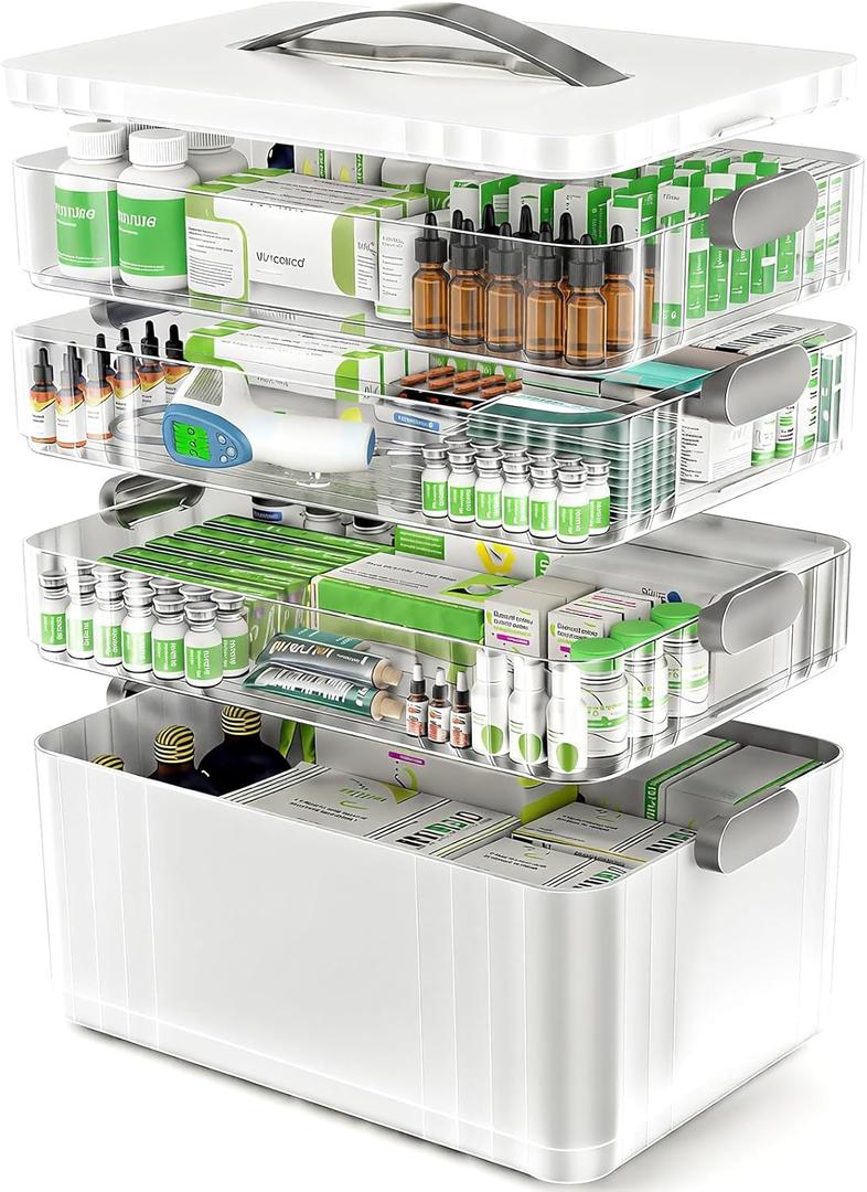 ARSTPEOE 4-Tier Medicine Organizer - Portable Medicine Cabinet with Plastic Handle, Multipurpose Medical Box, Empty First Aid Kit for Home, Extra Large 4 Tier