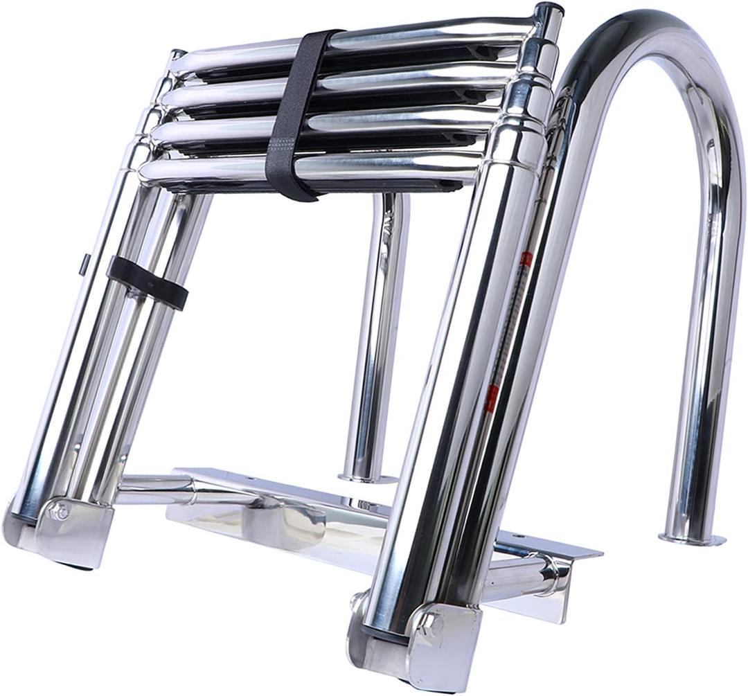 4 Step Pontoon Boat Ladder, 316 Stainless Steel Folding Telescoping Ladder for Rear Entry Inboard Boats - Heavy Duty, Wide Steps, Safe Handrails