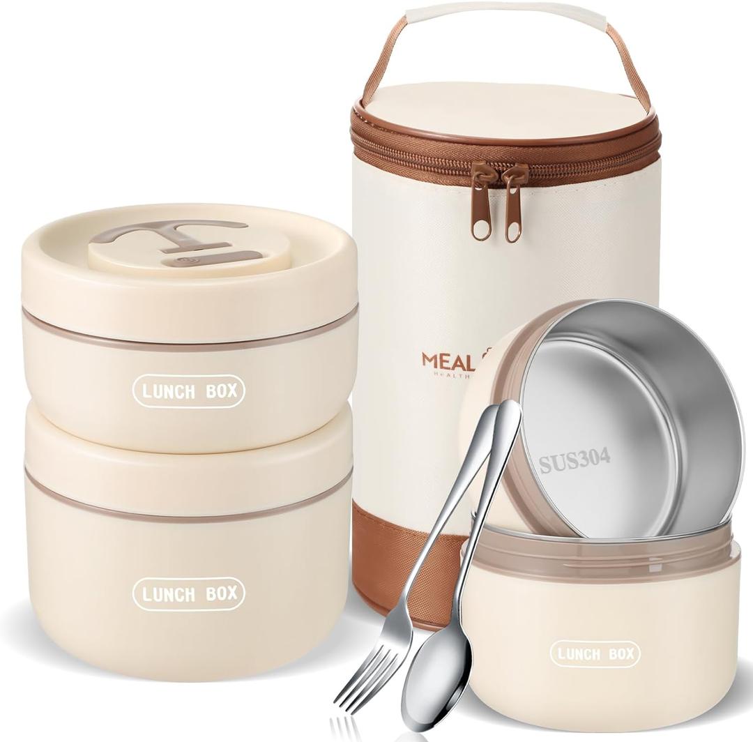 Dandat 3 Pcs Portable Insulated Lunch Container Set for Adult, Stackable Stainless Steel Bento Box for Hot Food with Insulated Lunch Bag Unisex 3 Separate Thermal Food Container(Beige,Round)