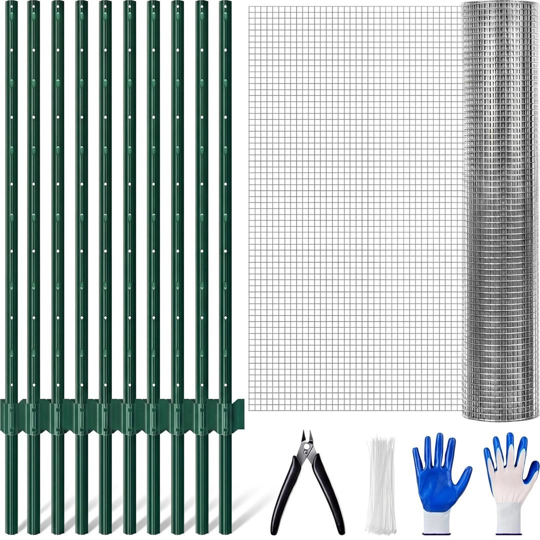Weysat 10 Pack 4 ft Metal Fence Post and 3x50 ft Wire Fence Sturdy Duty Garden U Post with Hot-Dipped Galvanized After Welding for Yard, Outdoor Wire