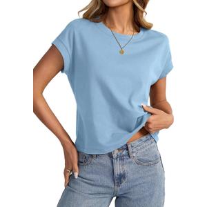 Womens Cap Sleeve Crop Tops Cotton T Shirts Crewneck Loose Fit Short Sleeves Tee Summer Fashion Clothes 2026 (Medium)