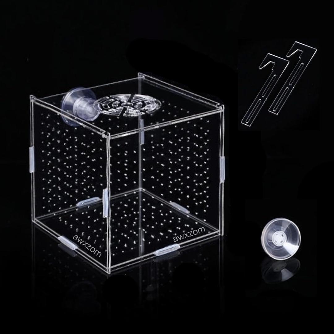 AWXZOM Acrylic Fish breeding Box, Acrylic Fish Isolation Box, Fish Separator for Aquarium, Hatchery Incubator with Suction Cups for Small Baby Fishes Shrimp Clownfish Guppy (3.9 * 3.9 * 3.9inch)