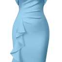 Memoriesea Women's Vintage Church Ruffle Sleeve Ruched Bodycon Work Midi Pencil Dress (Medium, Light Blue)
