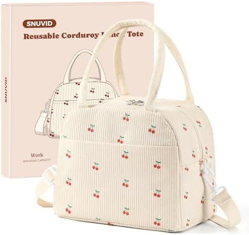 Snuvid Lunch Box for Women Adults, Reusable Cute Corduroy Lunch Tote Box with Large Capacity, Insulated Lunch Bag with Adjustable Shoulder Strap, Perfect for Work, Picnic, Office or Travel