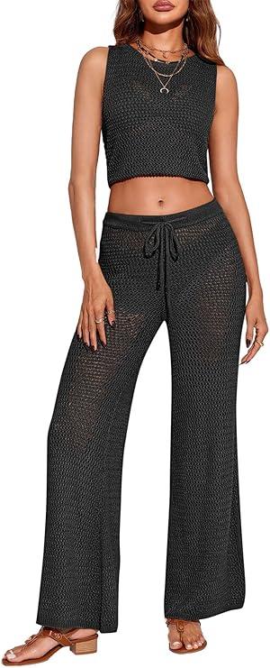 Saodimallsu Womens Beach Cover Up Pants Drawstring Crochet Fishnet Hollow Out Knit Mesh Wide Leg Pant XL Black
