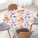 Spring Summer Round Fitted Tablecloth with Elastic Edge Watercolor Flower Outdoor Tablecloth Reusable Table Cover for Indoor Home Kitchen DecorFits 36-40" Diameter Round Tables