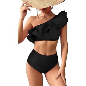 SPORLIKE Women High Waisted Swimsuit Flounce One Shoulder Bikini Padded Bathing Suit, Size XL