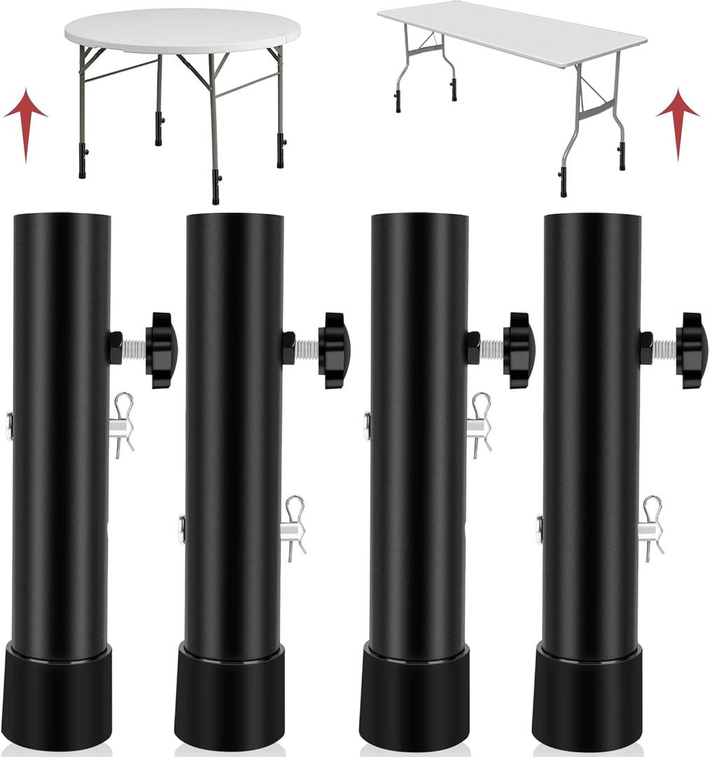 (4-Pack) Folding Table Leg Extenders, Highly Durable Steel Folding Table Leg Risers, Folding Desk Leg Extensions for Straight and Bent Legs, Adjustable Table Height Extenders for Rise 3.6in/5.2in