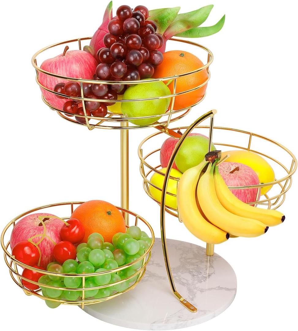 Livabber Fruit Basket Bowl with Banana Hanger, Metal Fruit Vegetable Storage Basket with Banana Holder for Kitchen Counter, Detachable Organizer for Bread Snack Produce (Gold, 3-Tier Marble Base)