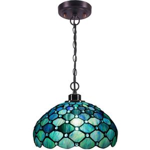 Tiffany Pendant Light Sea Blue Pearl Style Stained Glass Swag Lamp 12X12X34 Inch Ceiling Hanging Light for Living Room Dining Room Bedroom