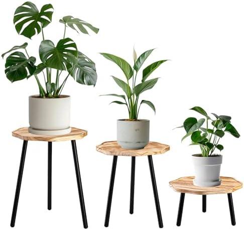 Frcctre 3 Pack Indoor Plant Stand, Wooden Mid Century Plant Stand Tall Plant Table Plant Holder Plant Riser for Flower Pots, Modern Home Decor Octagonal Shape Small Side End Table