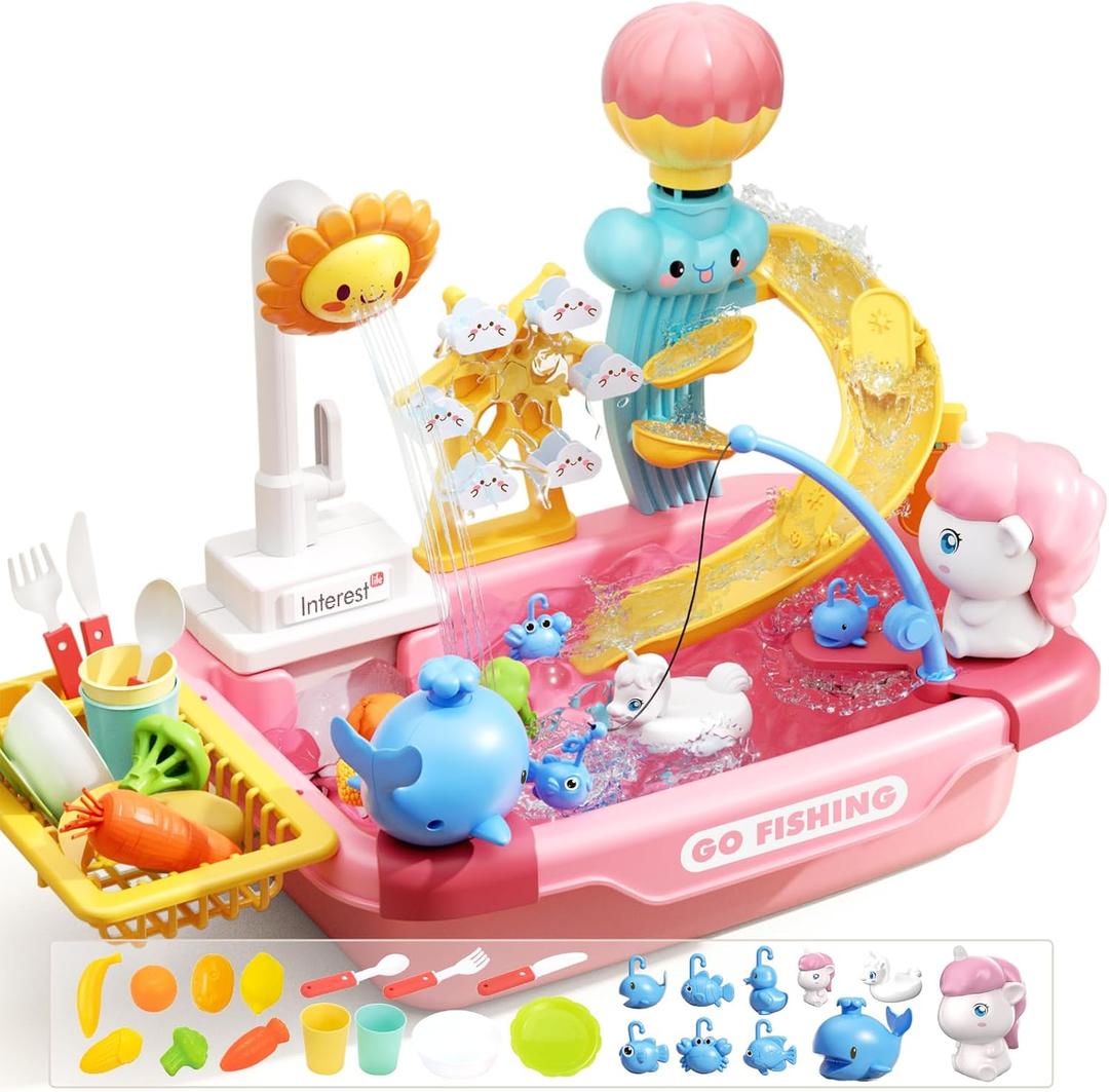 CUTE STONE Play Kitchen Sink with Running Water, Toddler Play Sink for Kids, Toy Sink with Electric Faucet, Fishing Game, Pretend Dishwasher, Water Table Toys & Kitchen Accessories for Girls (Light Pink) CUTE STONE Play Kitchen Sink with Running Water, Toddler Play Sink for Kids, Toy Sink with Electric Faucet, Fishing Game, Pretend Dishwasher, Water Table Toys & Kitchen Accessories for Girls (Light Pink)