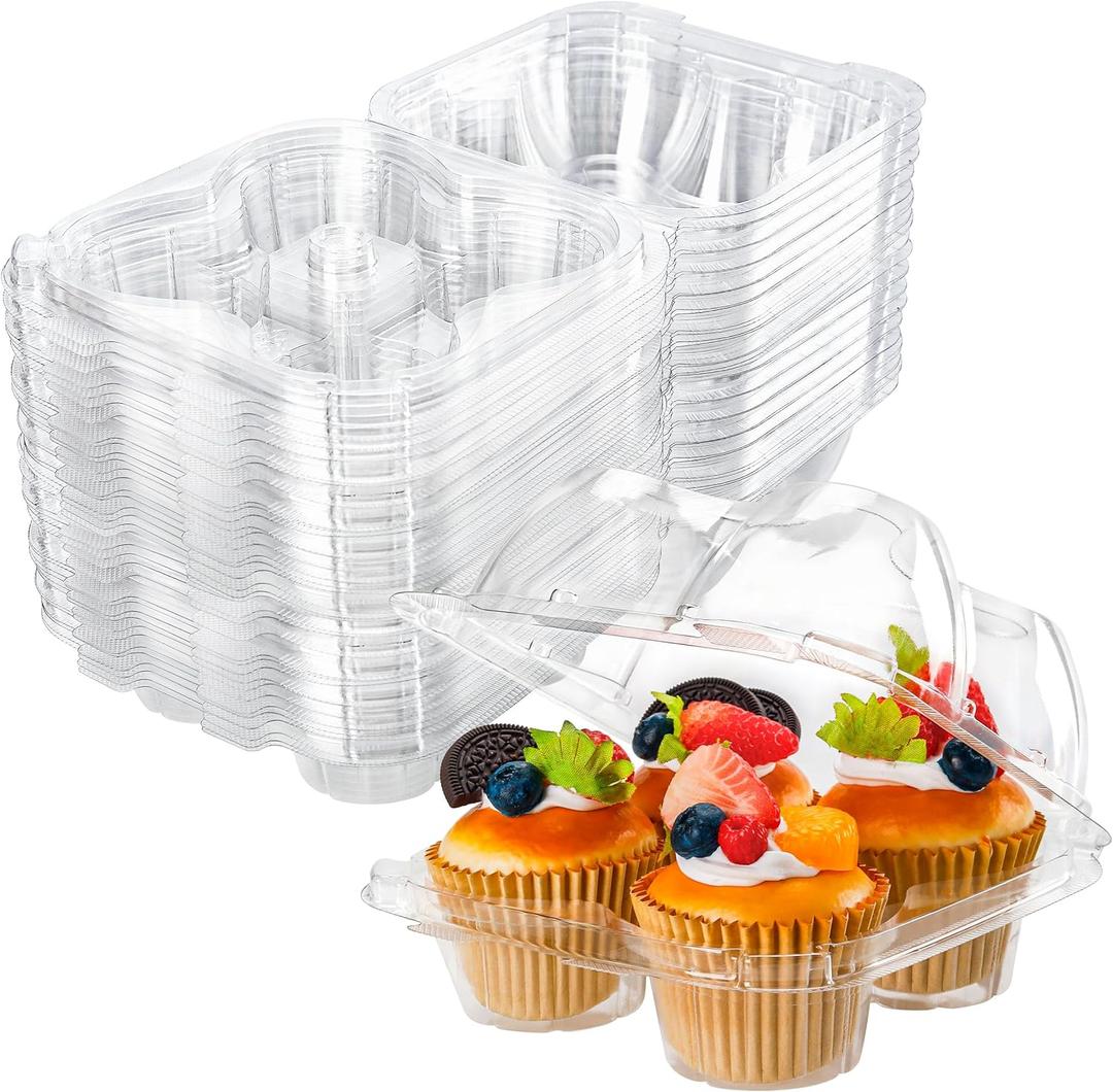 NPLUX 4 Compartment Cupcake Containers 40 Pack Cupcake Holder with Connected Airtight Lid Cupcake Boxes for 160 Cupcakes Muffins, BPA Free, Standard Size