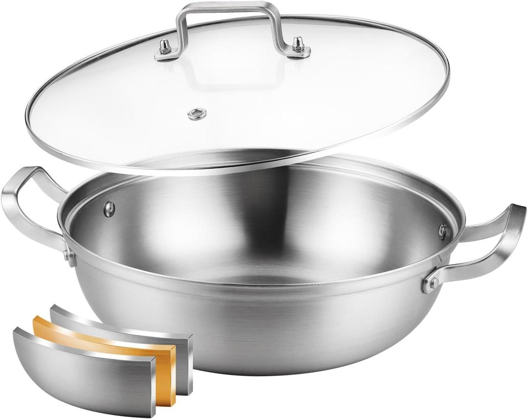 Delarlo Tri-Ply Stainless Steel 12 inch Everyday Pan with Glass Lid, Deep Saute Pan, Kitchen Everything Pan, High Side Chef's Pans, Induction Cooking Pot, Dishwasher Safe, 4QT Stock Pot Up To 600