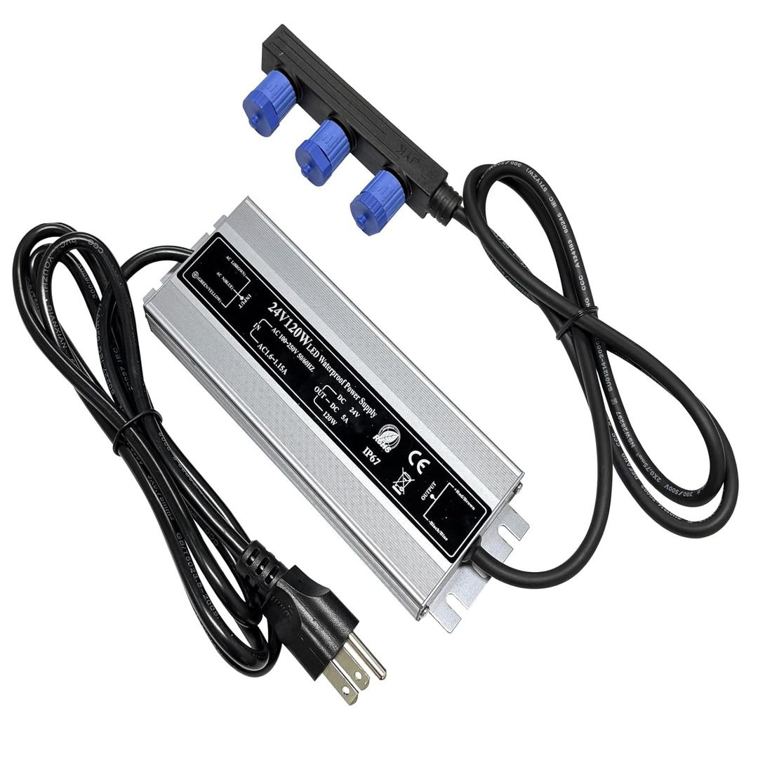 24V Adapter Compatible with Philips Hue Outdoor Low Voltage Lights, 3 Output Waterproof Power Supply 120W Transformer for Lily Spot,Lily XL Calla,Pathway,Impress Pedestal