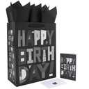 wishinside 13” Large Black Happy Birthday Gift Bag Set with Handles, Greeting Card, Tissue Papers and Stickers for Men Boys Kids Teens, Cartoon Design, 1 Pcs