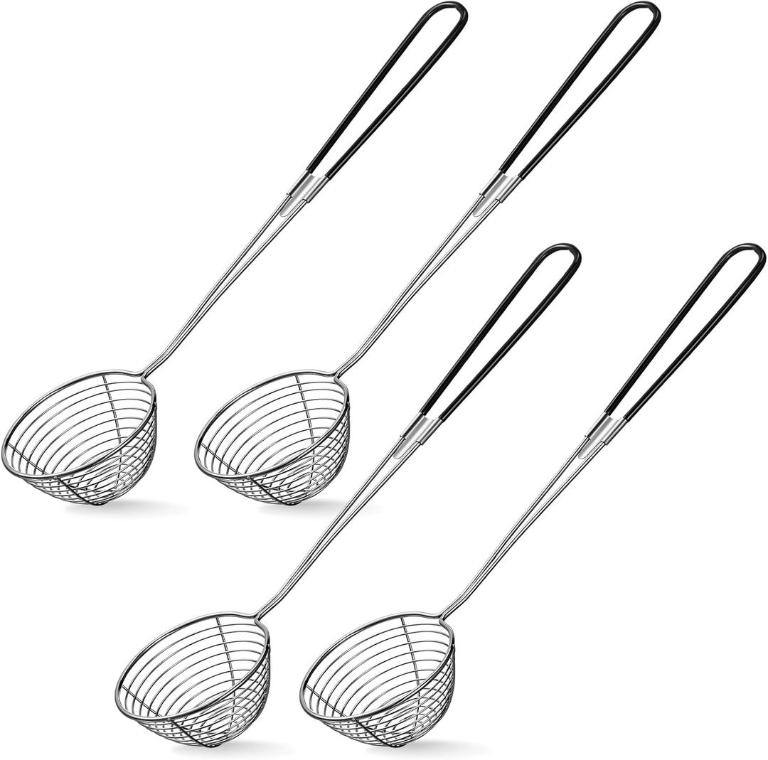 Geiserailie 4 Pieces Hot Pot Kit Strainer Scoops Stainless Steel 2.5 Inch Mini Spider Strainer Skimmer Pasta Mesh Spoon Asian Skimmer Spoon Ladle with Handle for Home (Black)