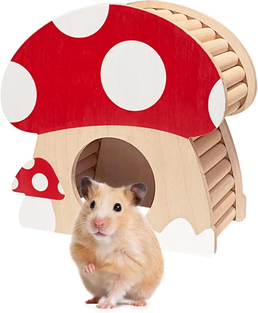 Hamster Mini House, Mushroom-Shaped Wood Hide Home for Dwarf Hamsters, Rat, Gerbils, Syrian, Mice, Small Animals Hideout Habitat Hut, Wooden Hamster Hideaway Toys, Indoor Cave Cage Accessories