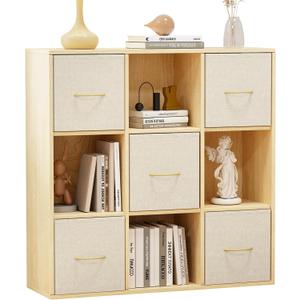 9 Cube Storage Organizer - Solid Wood Bookshelf with 5 Storage Bins, Cube Shelf with 3 Removable Back Panels, Vertical or Horizontal Bookcase, Open Book Shelf for Bedroom, Living Room, Office
