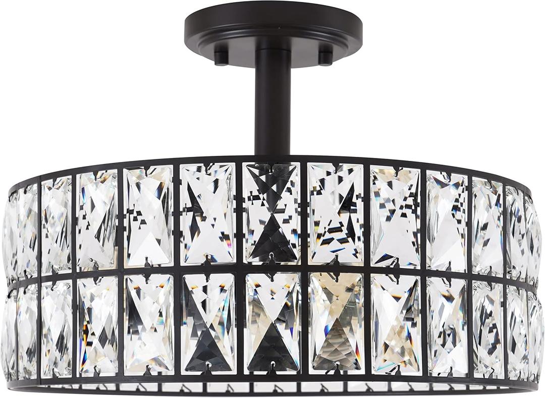 Crystal Farmhouse Drum Semi Flush Mount Close to Ceiling Lamp Fixture,for Living Room Dining Room Bedroom Kitchen Island Hallway (Oil Rubbed Bronze Finish, 14" Semi Flush Mount)