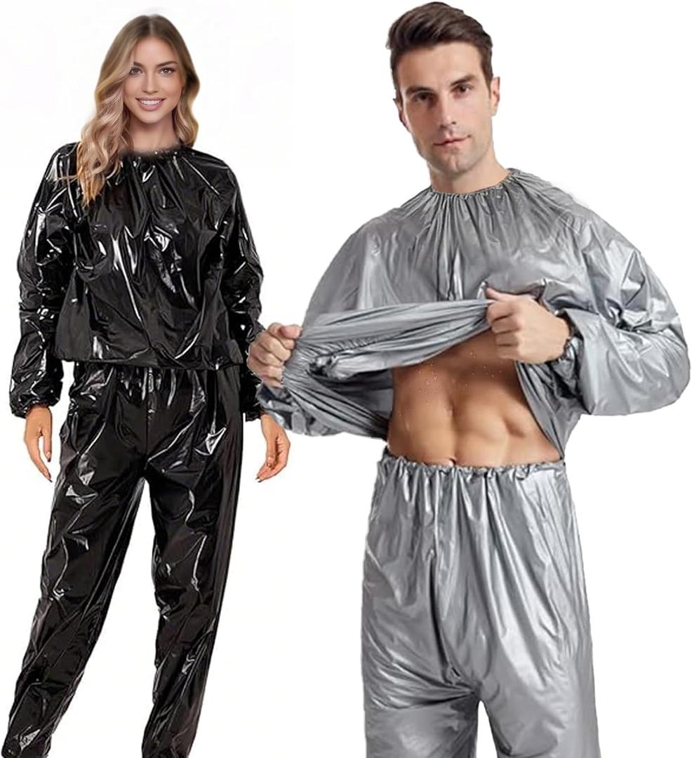 Sauna Suit, Plastic Sauna Suit for Women Men, Anti-Rip Sweat Suits Weight Loss, PVC Exercise Gym Fitness Suit Top Pants (Large, Black)