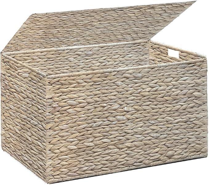 MOORLITER Water Hyacinth Storage Basket with Lid, 17.2 Gallon(65L), White