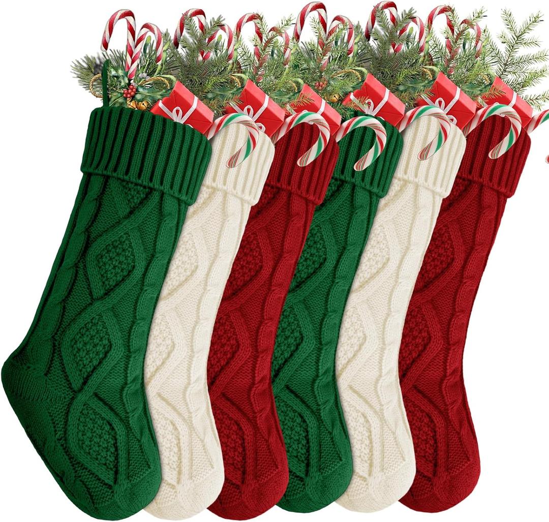 YOGINGO 6 Pack Christmas Stockings - Personalized Christmas Stockings, Large 18 Inches Christmas Stocking Hold All Surprises, Knitted Gift Stockings & Farmhouse Christmas Decor (6pcs red+white+green)