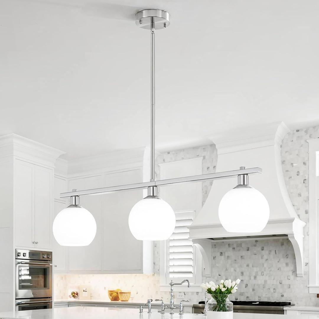 3 Lights Kitchen Island Lighting with Milk Glass Shade, Modern Chandelier, Brushed Nickel Chandelier for Dining Room Light Fixture, Hanging Farmhouse Pendant Lighting for Over Island Over Table Bar