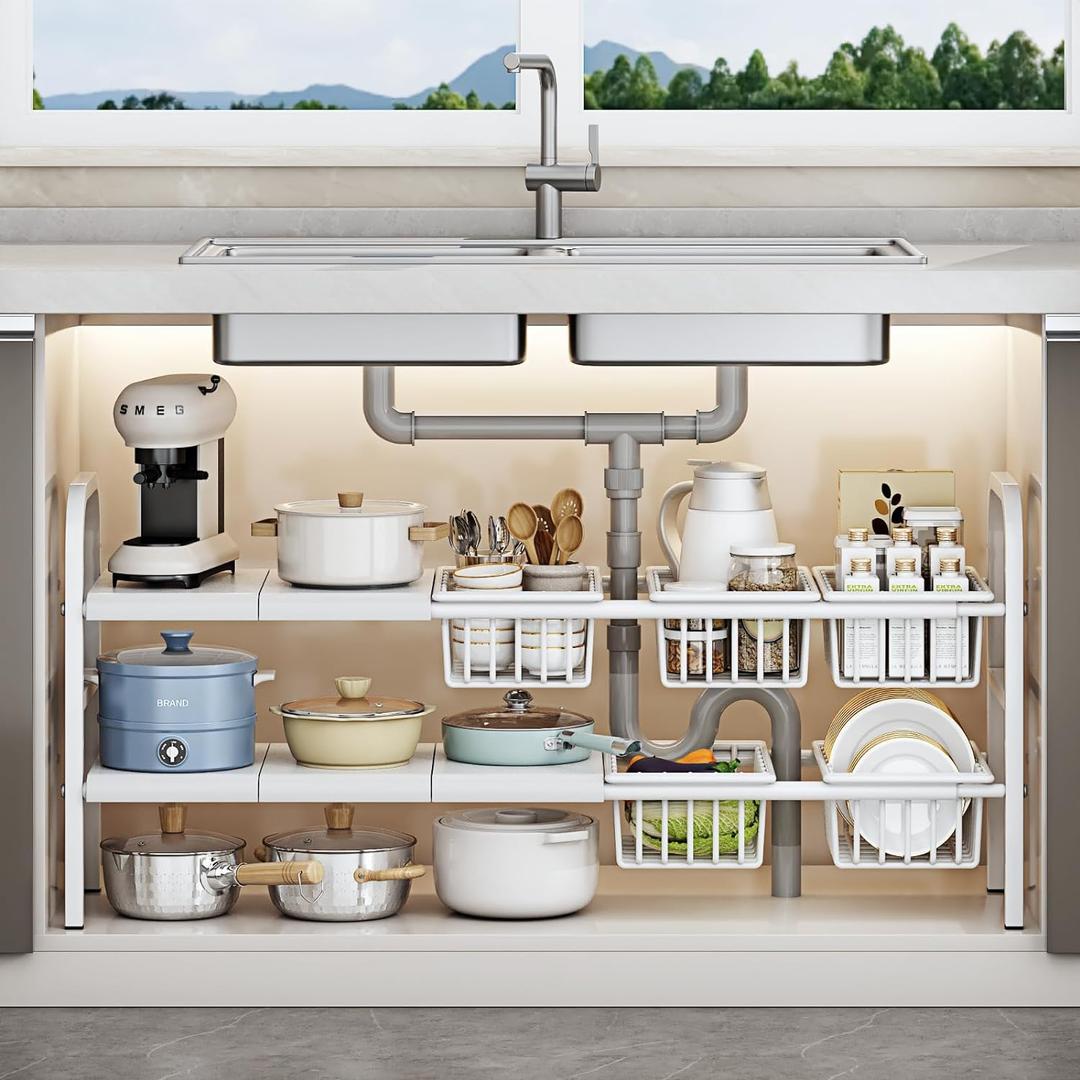 Under Sink Organizer2 Tier Expandable Heavy Duty Metal Shelfwith 5 Removable Panels and 5 Storage Basket for Under Kitchen Bathroom Sink Organizers and Storage(White, Large)