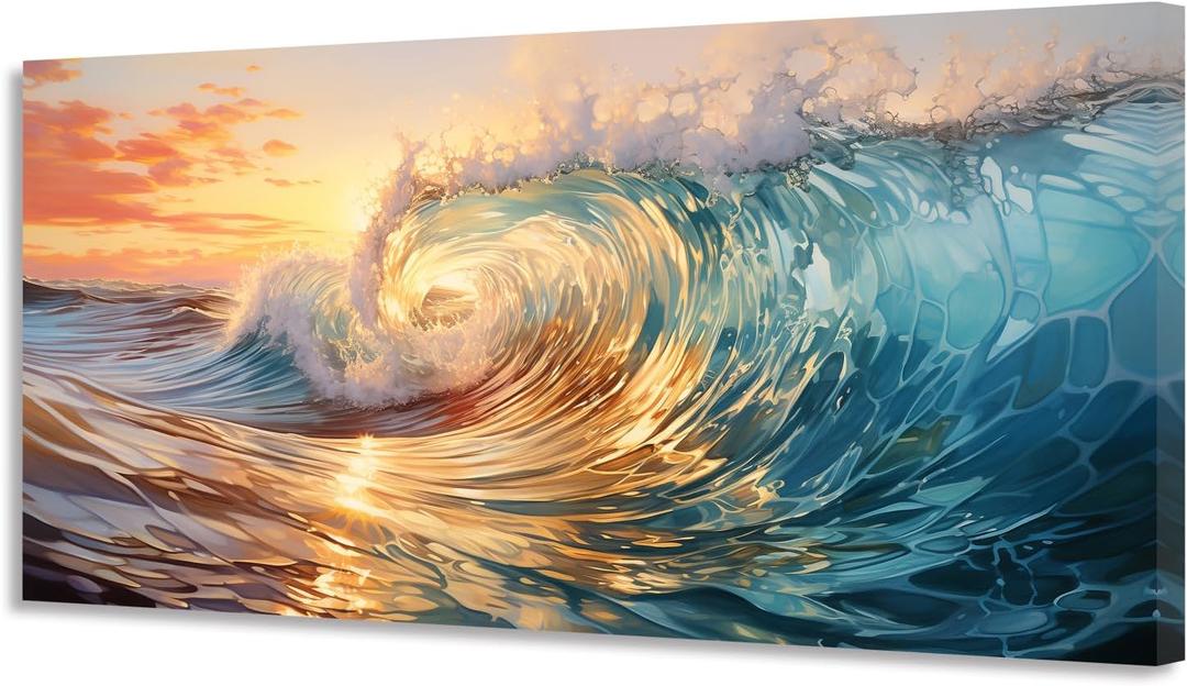 KUNHAAH Wall Art Canvas Painting Big Waves in the Sea 1 Piece Ocean Sunset Huge Waves Nature Picture Poster Print Framed and Stretched Ready to Hang for Living Room Bedroom Artework (58L" x 29W", Golden)