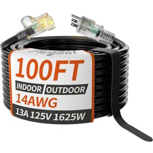 14/3 Gauge Black Outdoor Extension Cord 100 ft Waterproof with Lighted Indicator, Cold Weatherproof -40C, Flexible 3 Prong Long Extension Cord Outside,13A 1625W 14AWG SJTW, ETL Listed