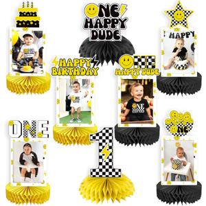 NANAGALI 8 Pcs One Happy Dude Honeycomb Centerpiece One Happy Dude 1st Photo Table Centerpiece Party Decoration Set 1st Table Toppers Centerpieces First Birthday Party Idea for Baby Boys and Girls