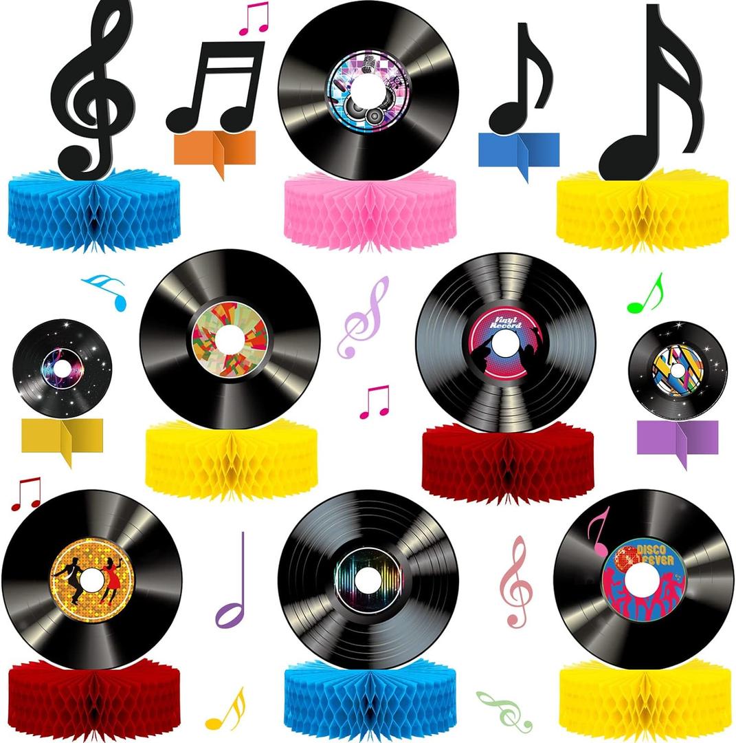 Eaasty 12 Pcs Music Party Decorations Vinyl Record Honeycomb Centerpieces 1950's 60s 70s 80s Rock and Roll Table Decorations Retro Record Note Sign for Music Birthday Party Supplies Favors